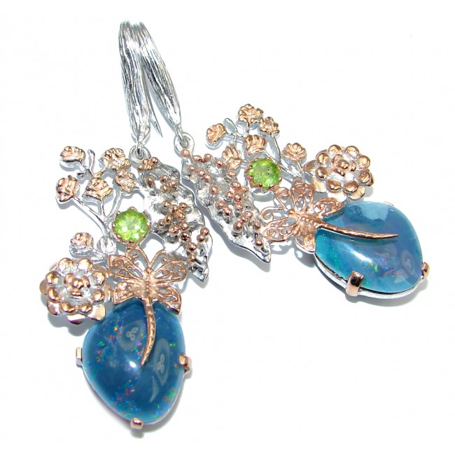 Ocean Blue Doublet Fire Opal Peridot Rose Gold Over Sterling Silver handmade earrings