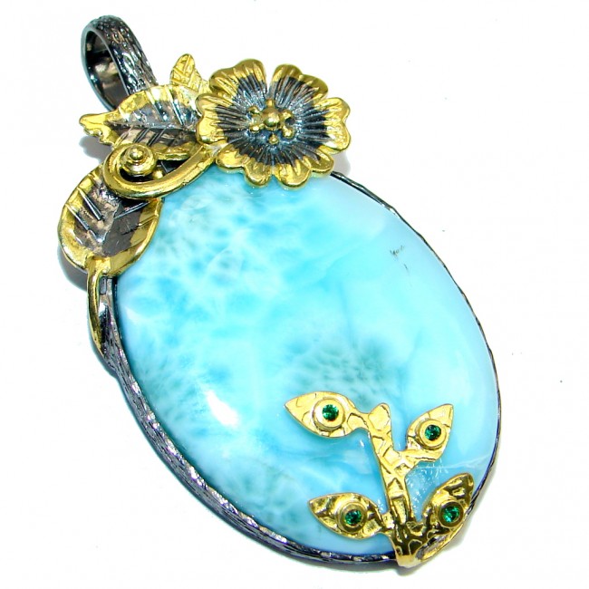 Genuine Blue Larimar Emerald Gold plated over Sterling Silver handmade Pendant
