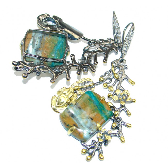 One of the kind Peruvian Opal Gold Rhodium Plated Sterling Silver handmade earrings