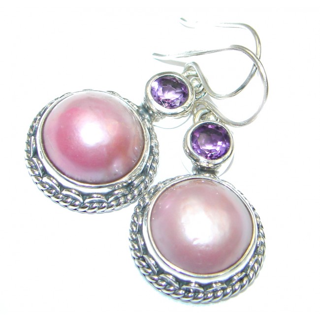 Pink Fresh Water Pearl Ruby Sterling Silver handcrafted earrings