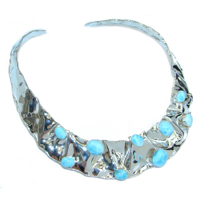 Gallery Piece Natural Larimar Hammered Sterling Silver necklace Chocker