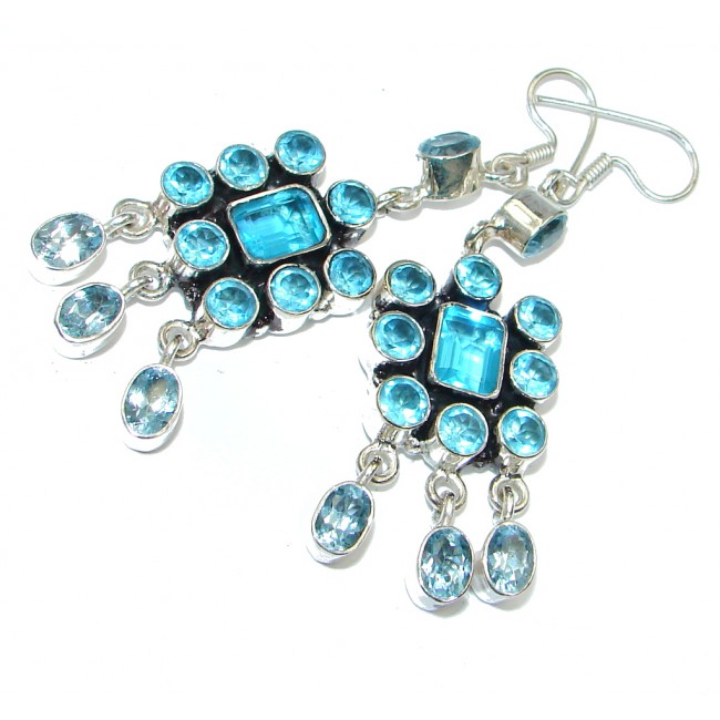 Long created Blue Swiss Topaz Sterling Silver earrings