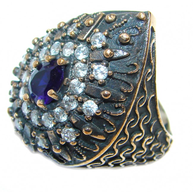 Victorian Style Created Blue Sapphire & White topaz Sterling Silver Ring s. 5 1/2