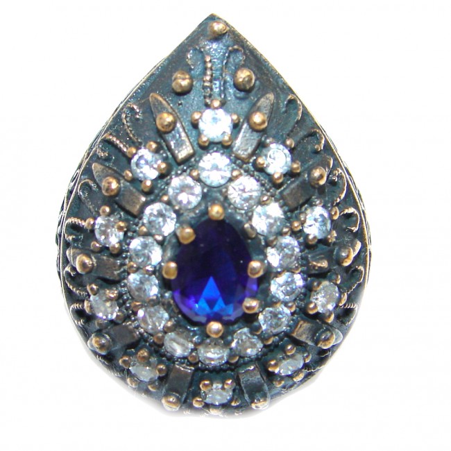 Victorian Style Created Blue Sapphire & White topaz Sterling Silver Ring s. 5 1/2