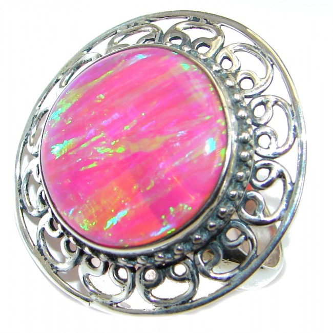Pink Lab created Fire Opal Sterling Silver Ring size adjustable