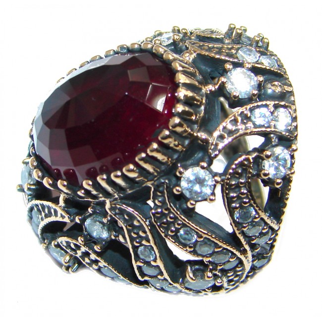 Large Victorian Style created Ruby & White Topaz Sterling Silver ring; s. 7 3/4