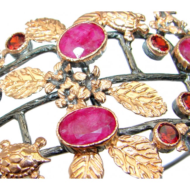 Large Floral Design Ruby Roee Gold Rhodium plated over Sterling Silver Bracelet / Cuff