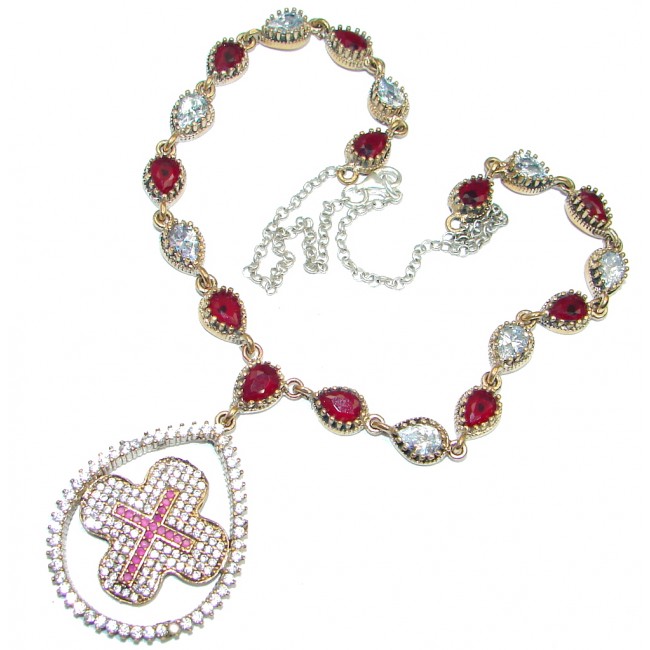 Elegant Victorian Style created Ruby & White Topaz copper over Sterling Silver necklace