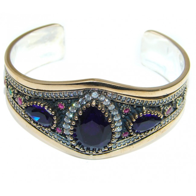 Victorian Style Created Sapphire & White Topaz copper covered Sterling Silver Bracelet / Cuff