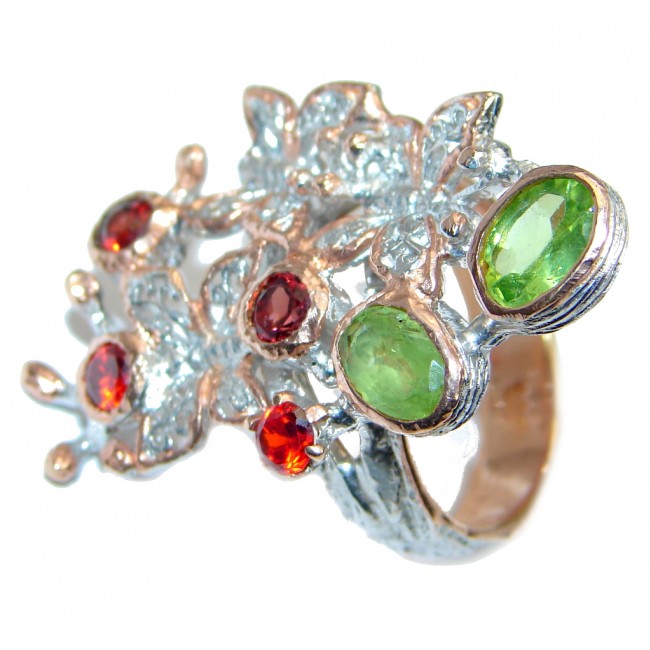 Unique Natural Garnet Peridot Rose Gold plated over Sterling Silver Ring s. 8 1/4