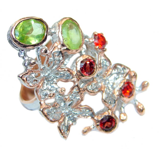 Unique Natural Garnet Peridot Rose Gold plated over Sterling Silver Ring s. 8 1/4