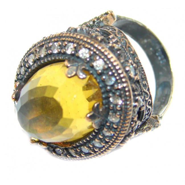 Large Victorian Style created Citrine & White Topaz Sterling Silver ring; s. 7