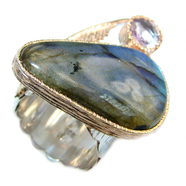 Blue Aura Fire Labradorite Amethyst Rose Gold plated over Sterling Silver ring size 8