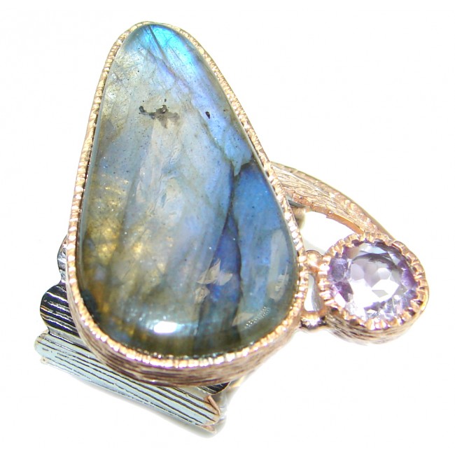 Blue Aura Fire Labradorite Amethyst Rose Gold plated over Sterling Silver ring size 8