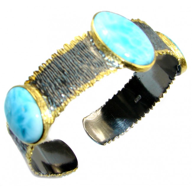 Genuine Blue Larimar Gold Rhodium plated over Sterling Silver handmade Bracelet Cuff