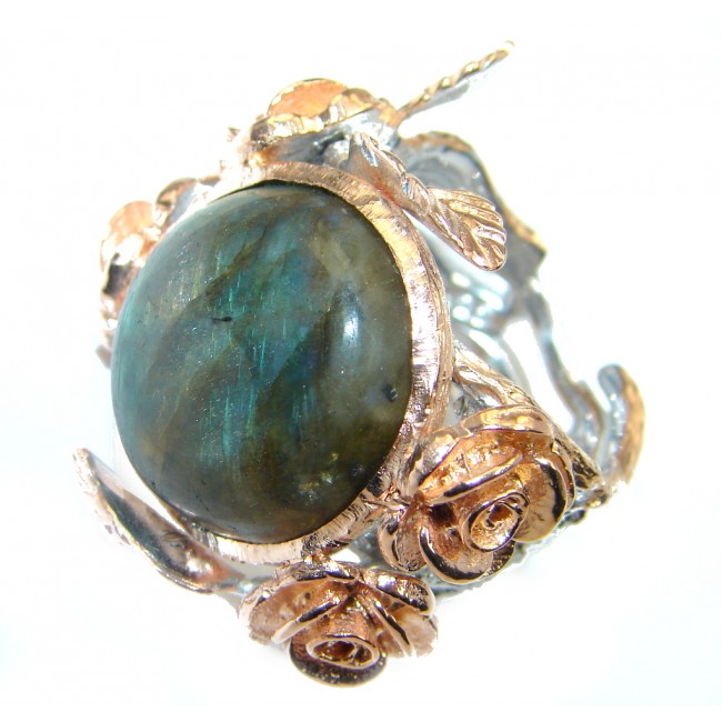 Blue Aura Fire Labradorite Rose Gold plated over Sterling Silver ring size adjustable