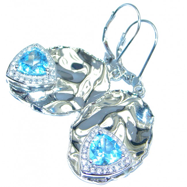 Genuine Swiss Blue Topaz hammered Sterling Silver Earrings