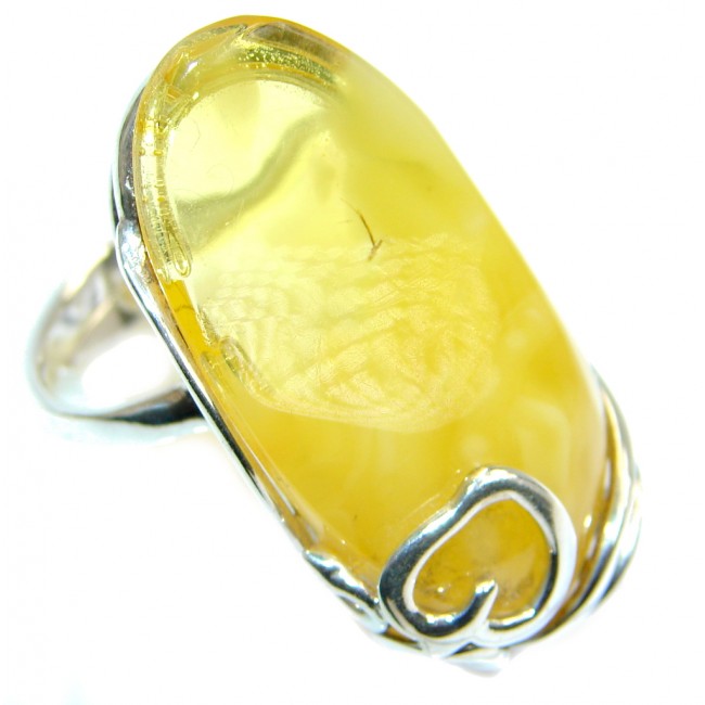 Huge Genuine Baltic Polish Amber Sterling Silver handmade Ring size adjustable