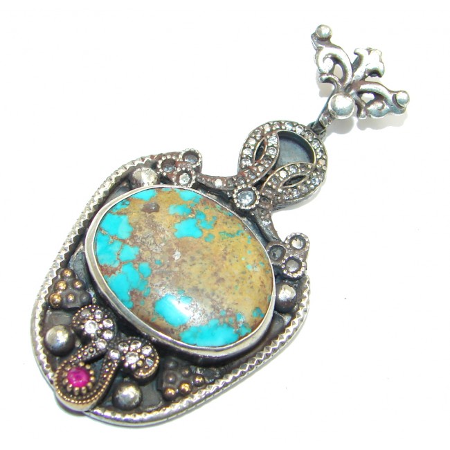 Big! Vintage Style Genuine Turquoise Ruby Sterling Silver Pendant
