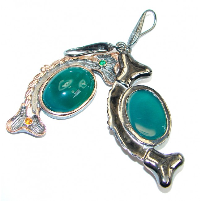 Green Agate Gold Rhodium plated over Sterling Silver handmade earrings