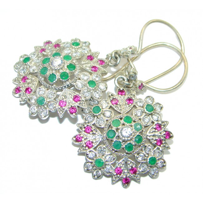Victorian Style created Emerald Ruby Sterling Silver earrings