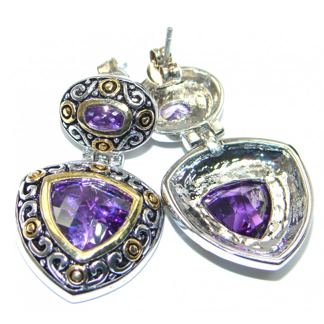 Victorian Style created Amethyst Two Tones Sterling Silver earrings