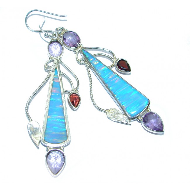 Long lab. Blue Japanese Fire Opal handcrafted Sterling Silver earrings