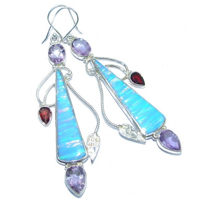 Long lab. Blue Japanese Fire Opal handcrafted Sterling Silver earrings