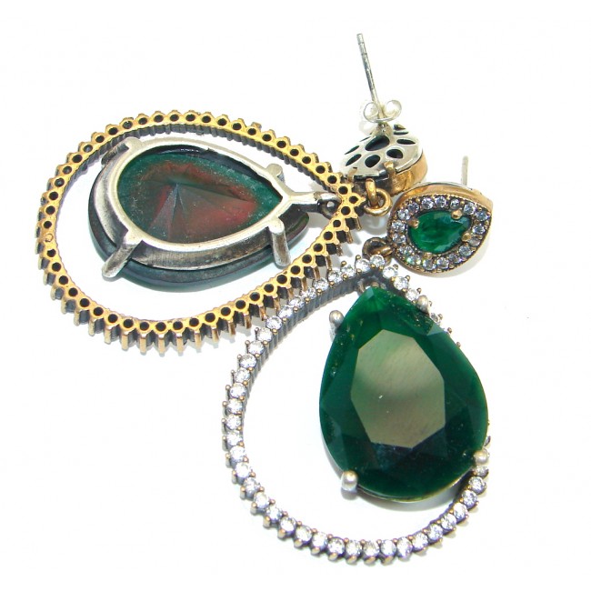 Large Victorian Style created Green Emerald Sterling Silver earrings