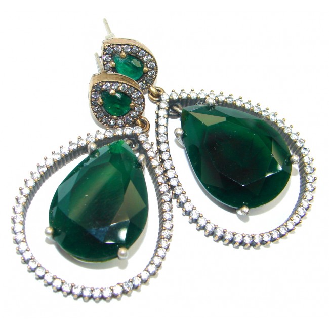Large Victorian Style created Green Emerald Sterling Silver earrings