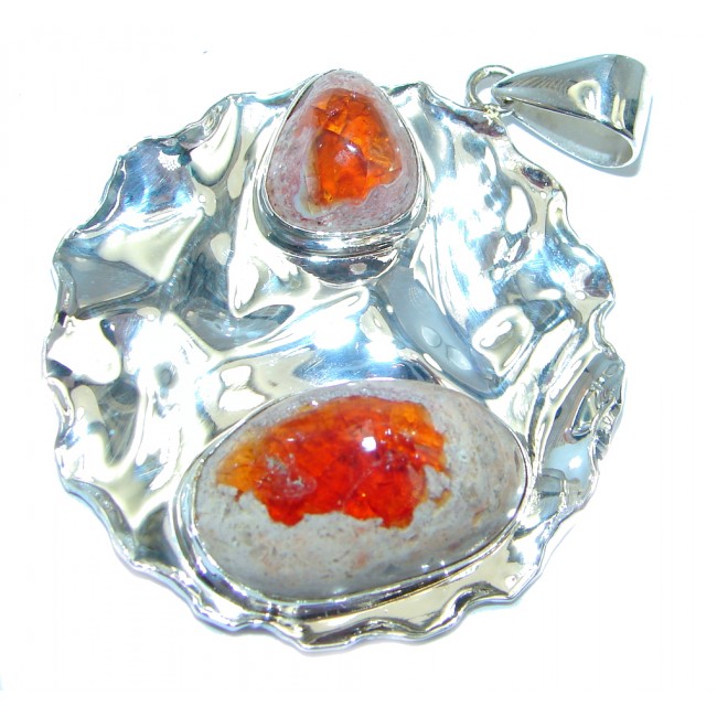 Authentic Mexican Fire Opal Hammered Sterling Silver handmade Pendant