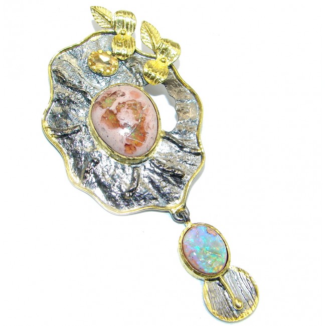 Ethiopian Opal Mexican Fire Opal Oxidized Gold plated Sterling Silver handmade Pendant