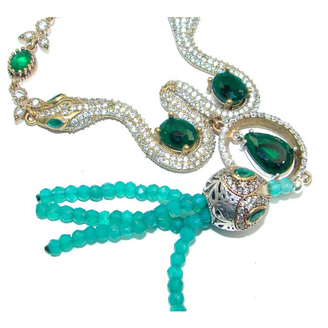 Two Snakes Victorian Style created Emerald & White Topaz copper over Sterling Silver necklace