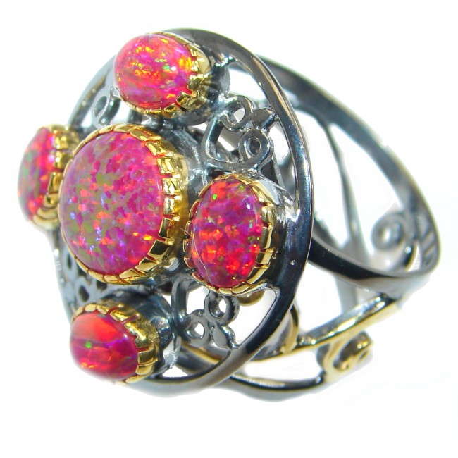 Lab. Fire Opal Gold Rhodium plated over Sterling Silver Ring size adjustable