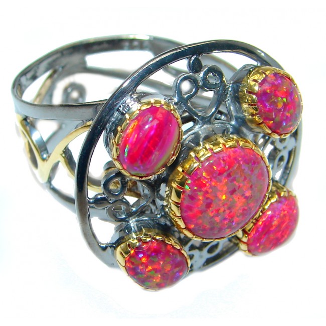 Lab. Fire Opal Gold Rhodium plated over Sterling Silver Ring size adjustable