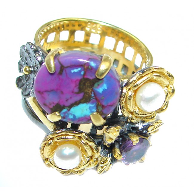 Beautiful Purple Turquoise Pearl Gold Rhodium plated over Sterling Silver Ring size 7