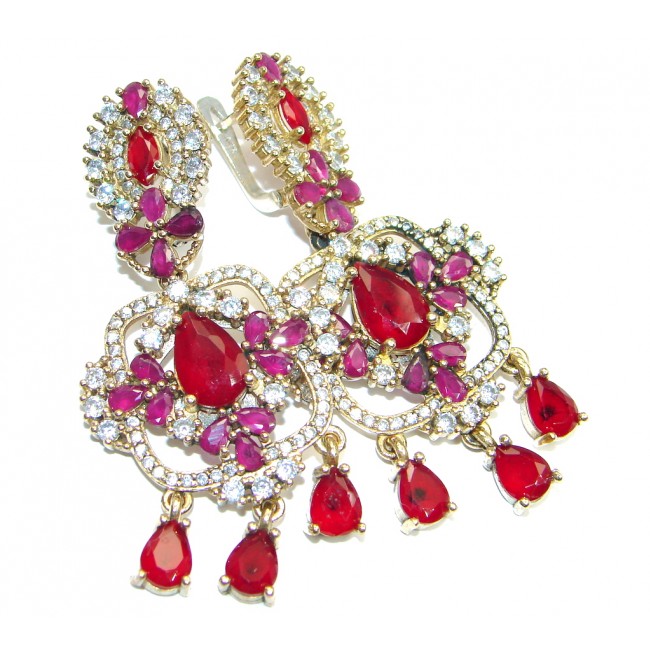 Large Victorian Style created Red Ruby Sterling Silver chandelier earrings