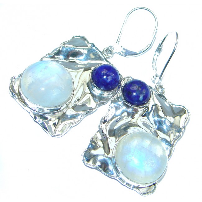 Perfect Blue Moonstone Lapis Lazuli hammered Sterling Silver earrings