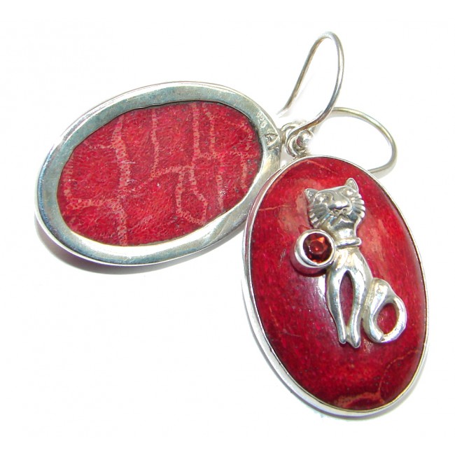 Two Cats Red Fossilized Coral Sterling Silver earrings