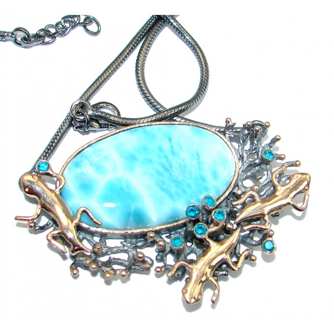Three Lizards Caribbean Blue Larimar Swiss Blue Topaz Gold plated over Sterling Silver handcrafted necklace