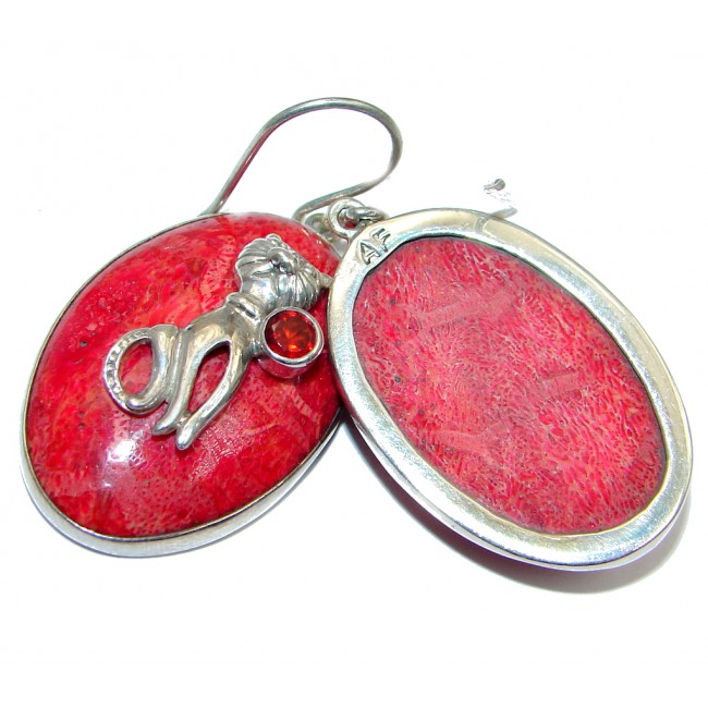 Two Cats Red Fossilized Coral Sterling Silver handcrafted earrings