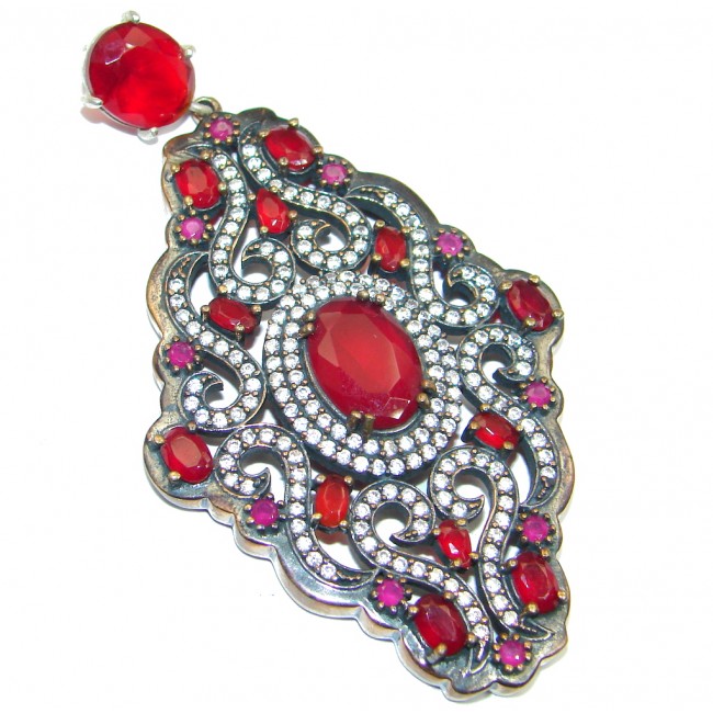 Huge Victorian Style created Ruby Spinel Two tones Sterling Silver Pendant