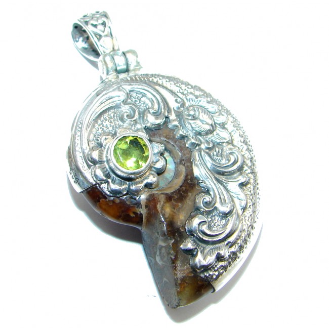 Precious Brown Ammonite Fossil Sterling Silver handcrafted Pendant