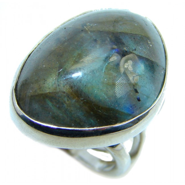 Big Blue Aura Fire Labradorite Sterling Silver ring size adjustable