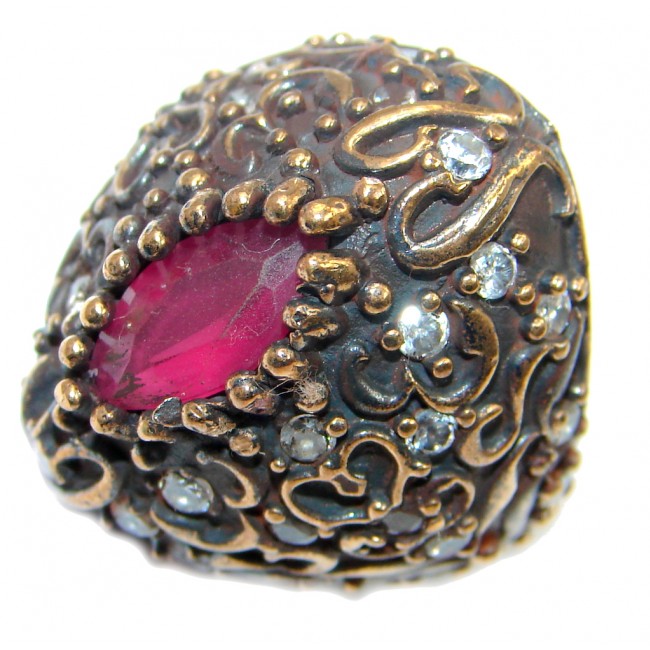 Large Victorian Style created Ruby & White Topaz Sterling Silver ring; s. 5