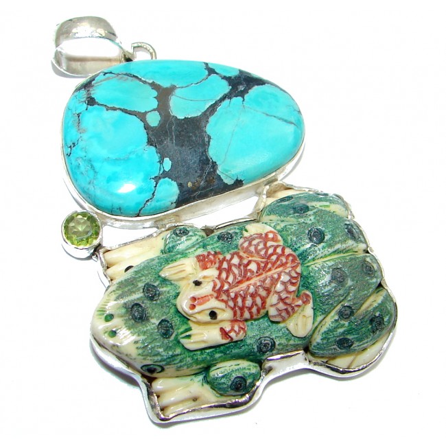 Big! Fashion Frog Carved Ox Bone Turquoise handcrafted Sterling Silver Pendant
