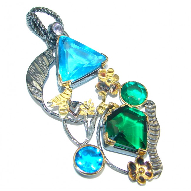 Unique Blue Hydro Glass Gold Rhodium plated over Sterling Silver Pendant