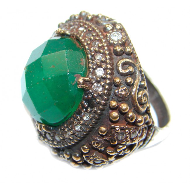 Victorian Style created Emerald & White Topaz Copper over Sterling Silver ring; s. 7
