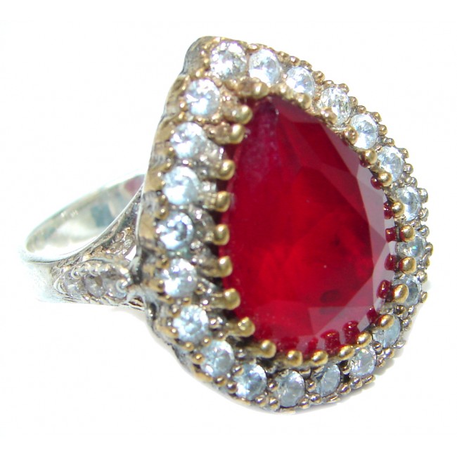 Victorian Style created Ruby & White Topaz Sterling Silver ring; s. 6 3/4