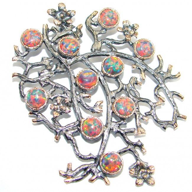 Large Enchanted Tree created Japanese Fire Opal Rose Gold Rhodium plated over Sterling Silver Pendant